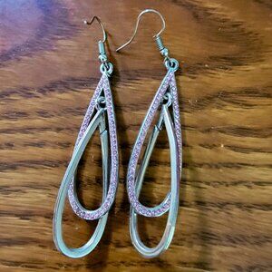 Drop Earrings Silver with Pink crystals 3" long